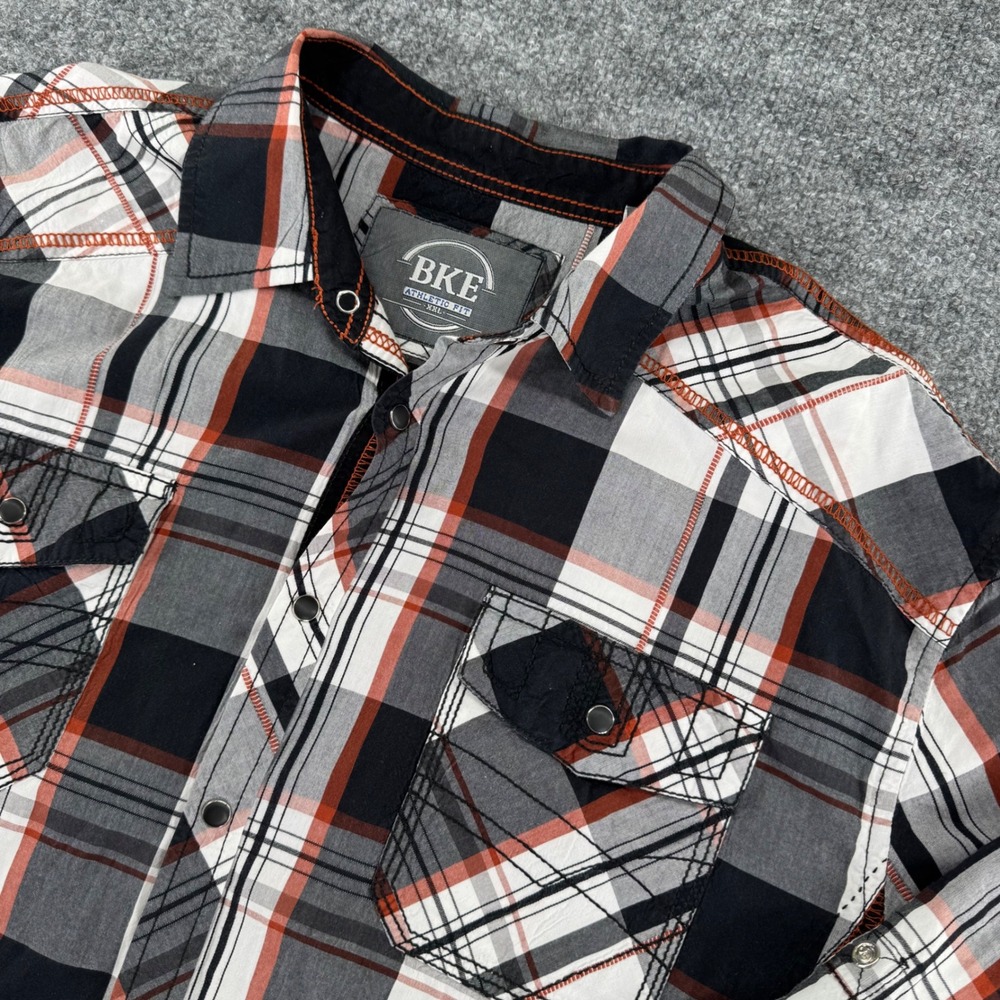 BKE Plaid Button Up Shirt Mens XXL Snap Front Athletic Fit Black Orange Western